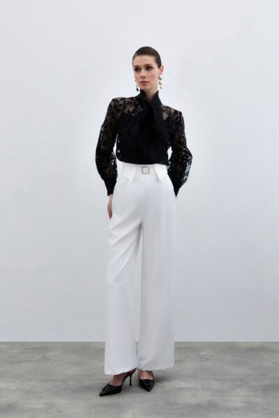 Fularli Cicek Desenli Gomlek Siyah - Resim 2