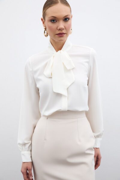 Yakasi Baglamali Duz Gomlek Ekru - Resim 1