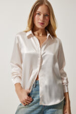 Kadin Krem Hafif Dokumlu Saten Yuzeyli Gomlek Dd00990 - Resim 3