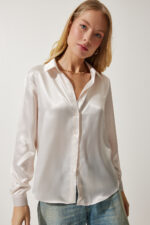 Kadin Krem Hafif Dokumlu Saten Yuzeyli Gomlek Dd00990 - Resim 4